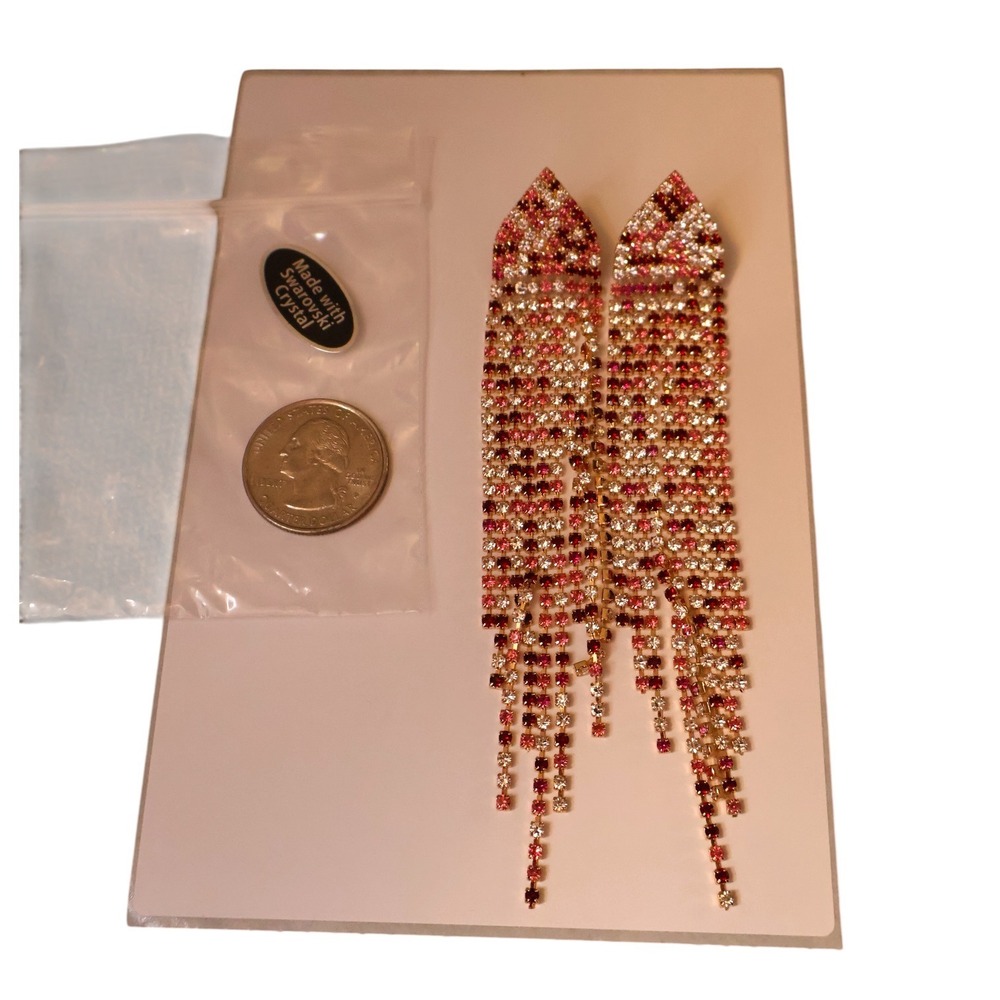 Swarovski Crystal Gold Overlay Pink Fringe Shoulder Duster Statement Earrings - Picture 2 of 3